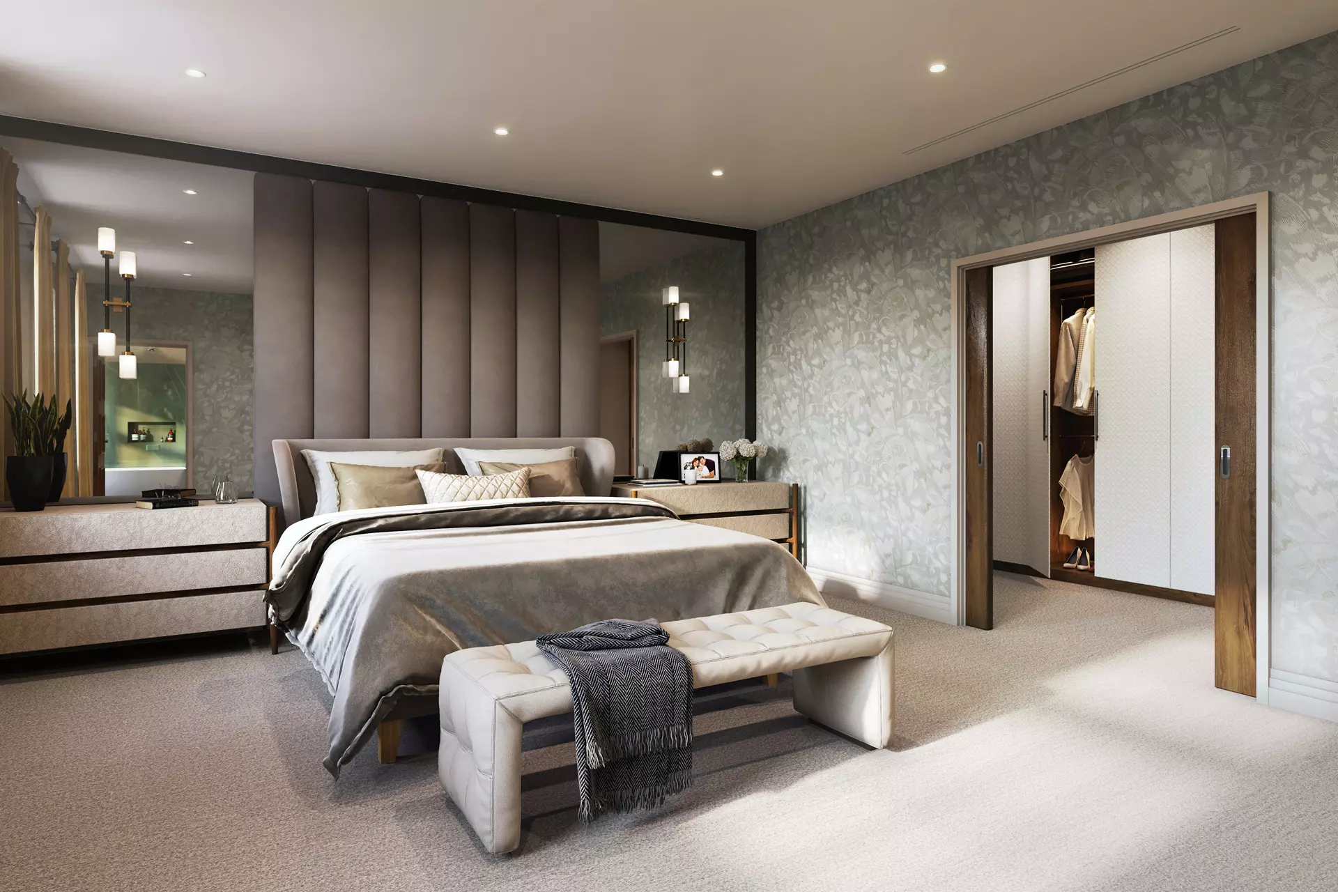 a bedroom with a bed and a mirror