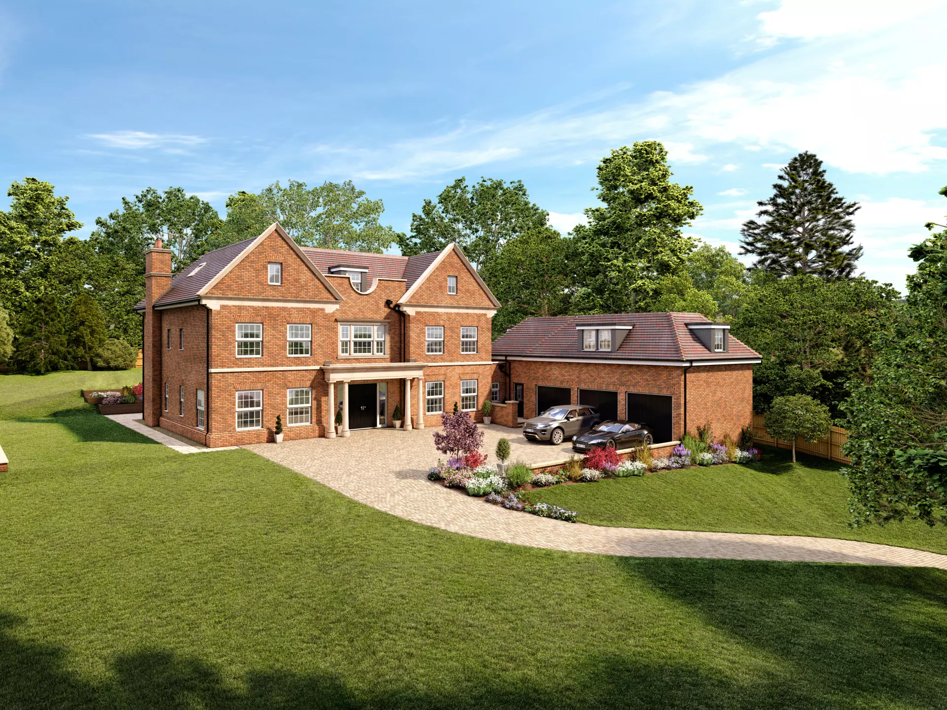 a large brick house with a driveway and cars parked in front of it