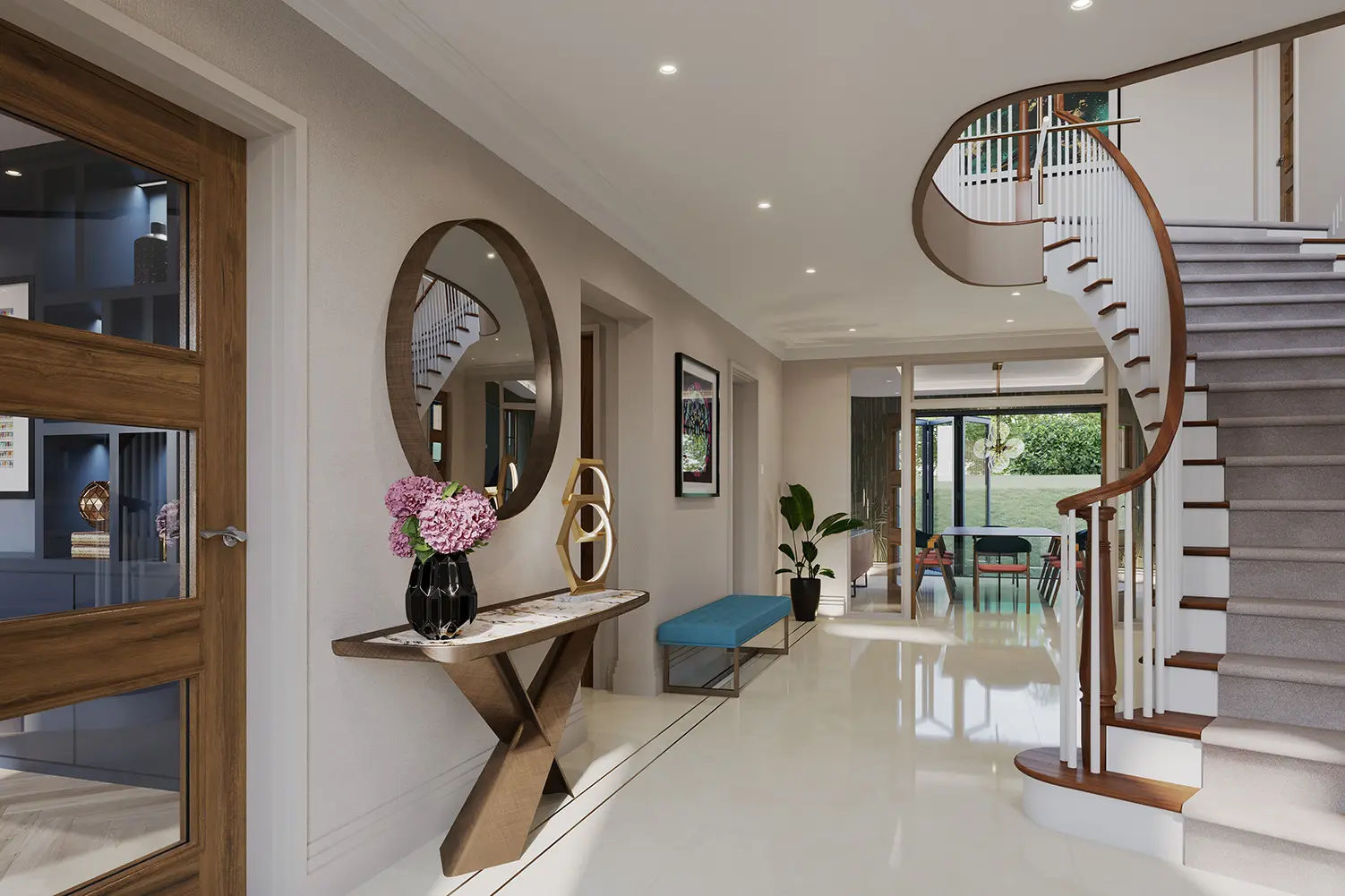 a hallway with a staircase and a mirror