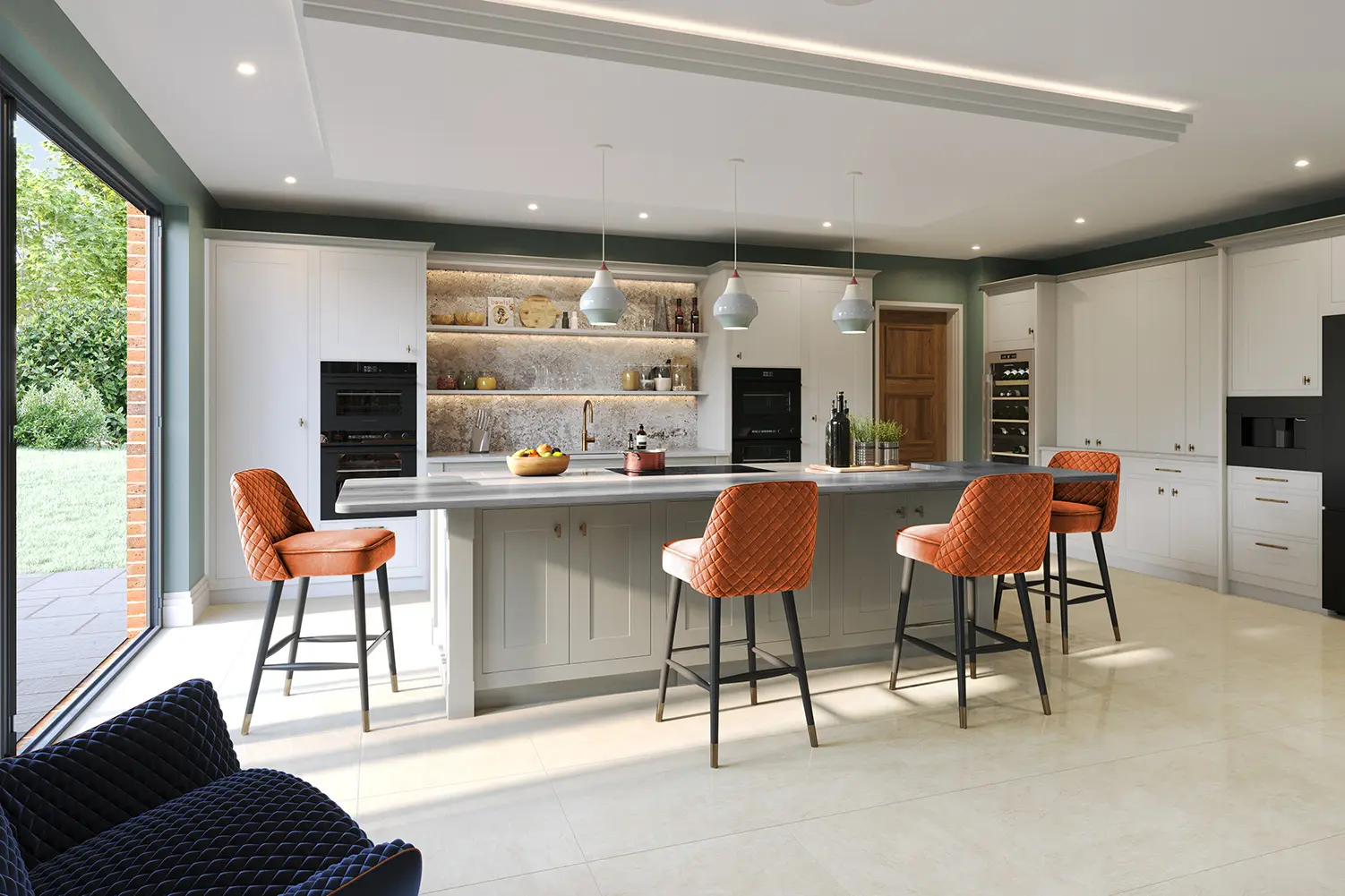 a kitchen with a bar and chairs
