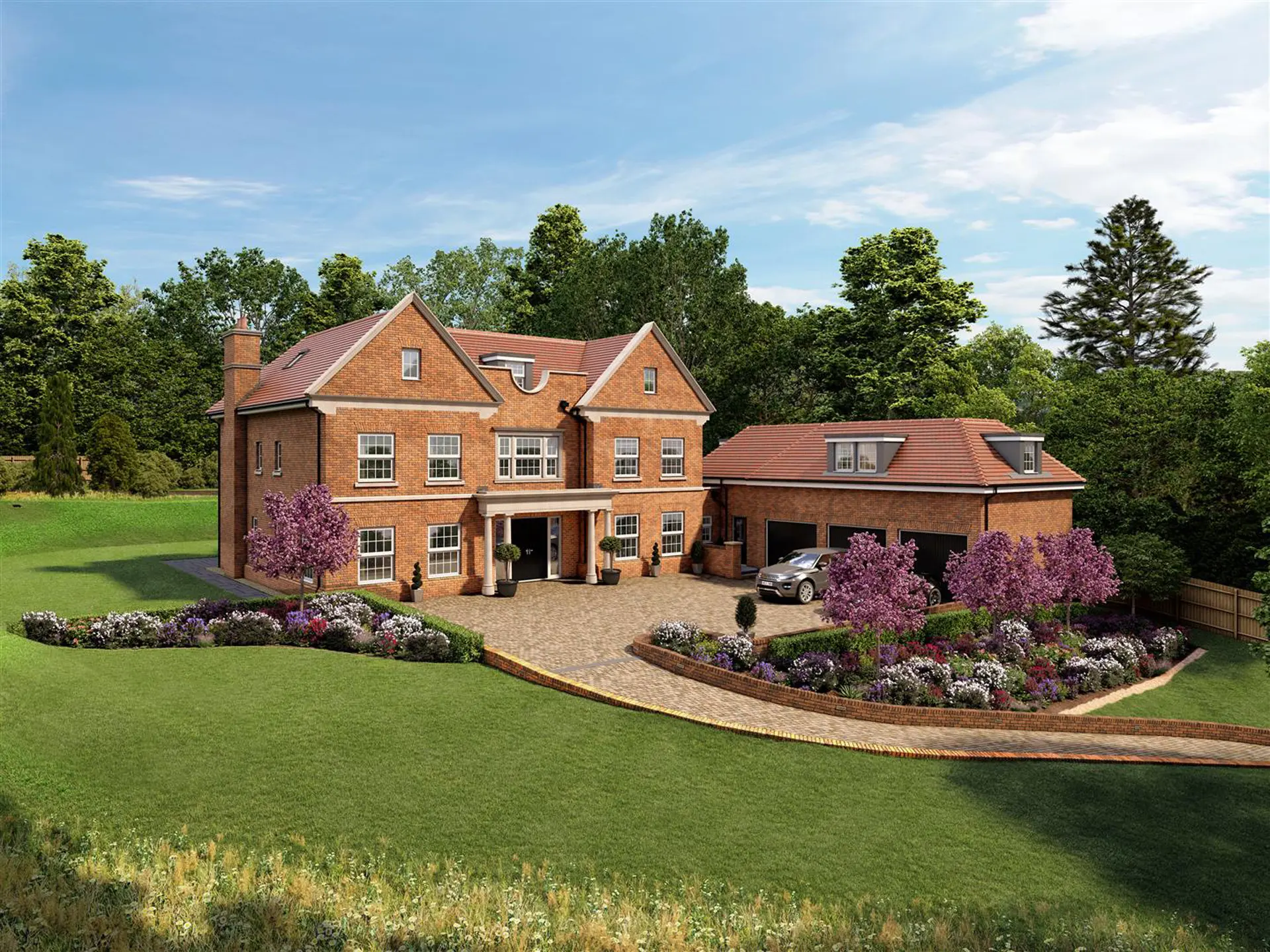 a large brick house with a driveway and a car parked in front of it