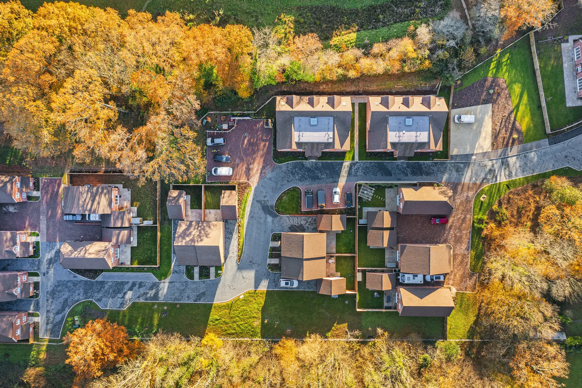 aerial view of a neighborhood with trees and houses
