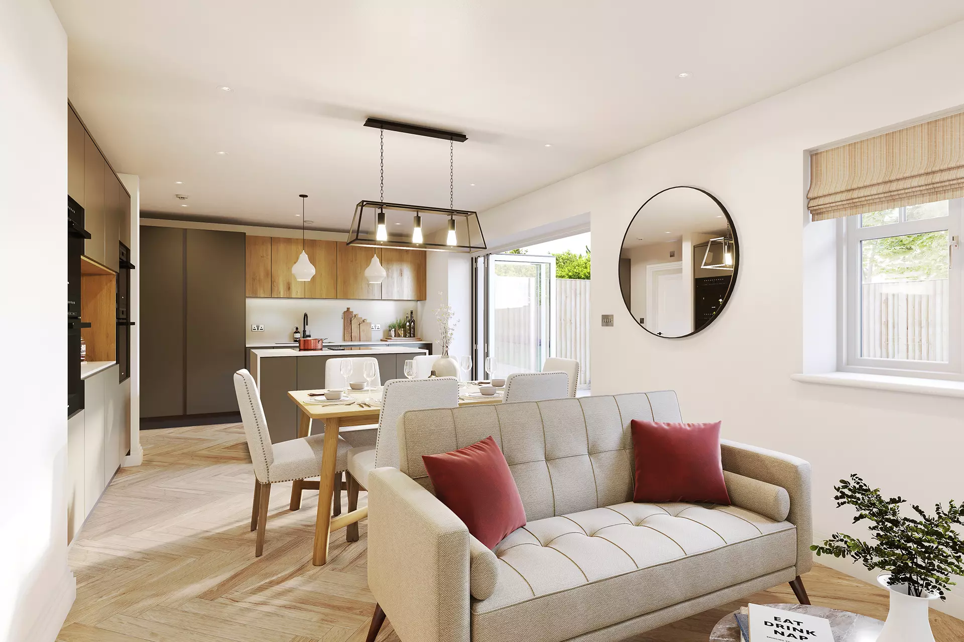 a living room with a couch and dining table