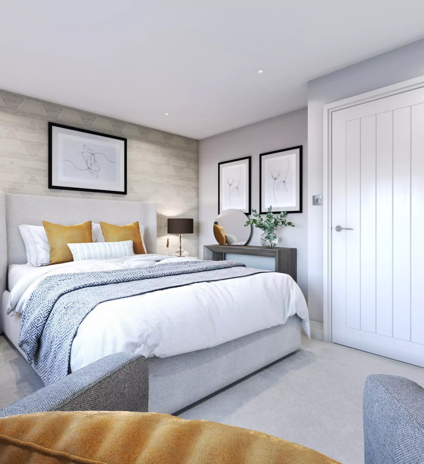 a bedroom with a bed and a white door