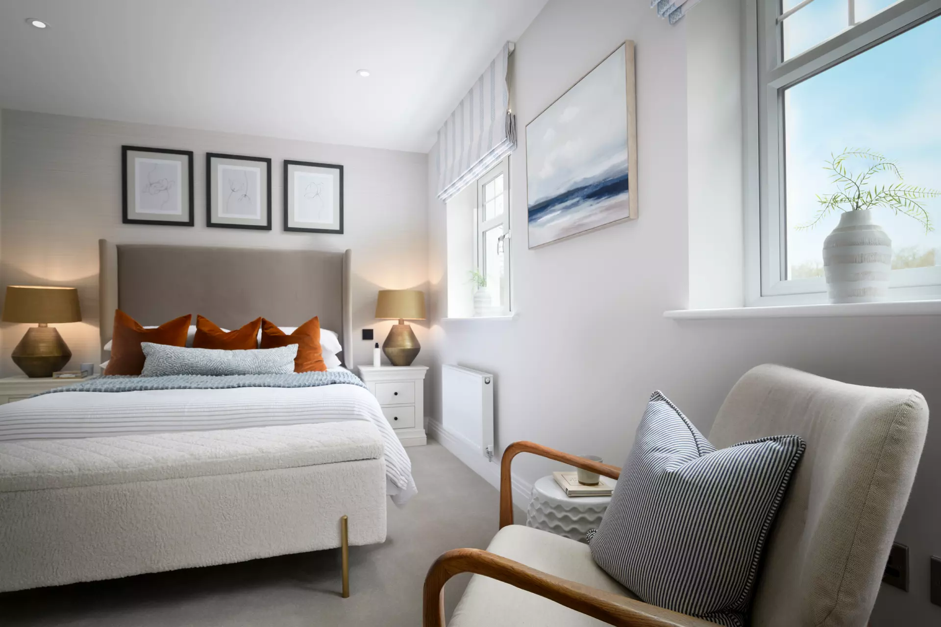 a bedroom with a bed and a chair