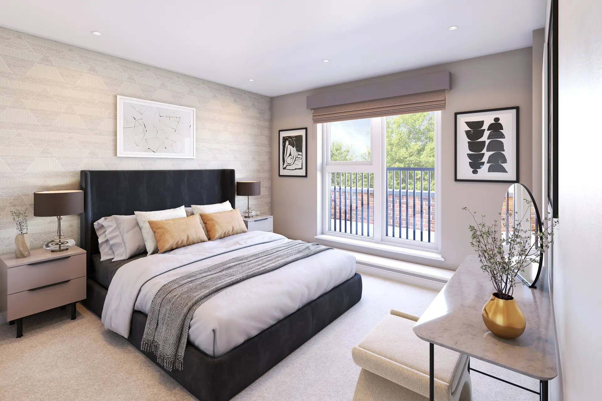 a bedroom with a bed and a table