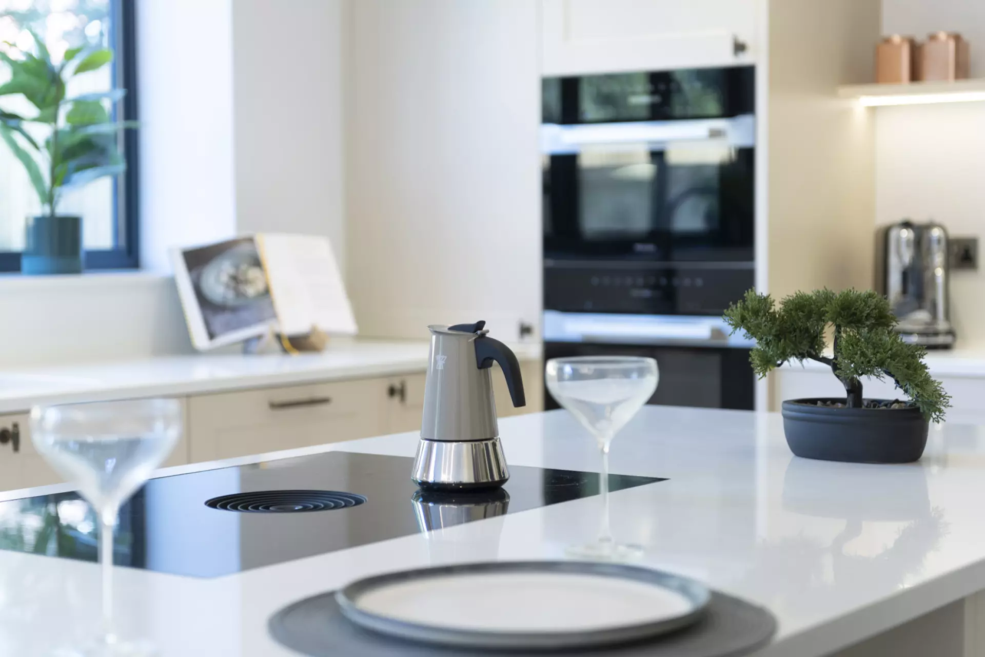 a kitchen with a potted plant and a glass on a counter