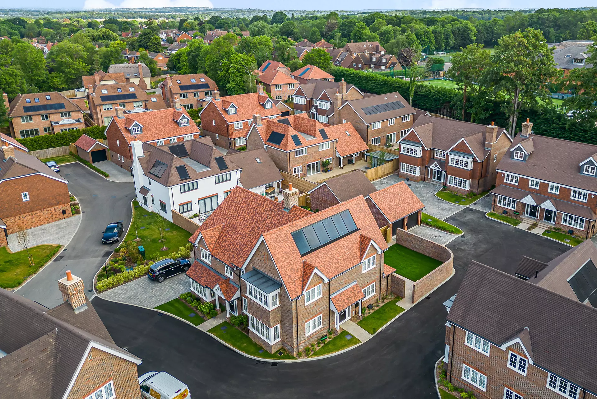 a group of houses with trees in the background