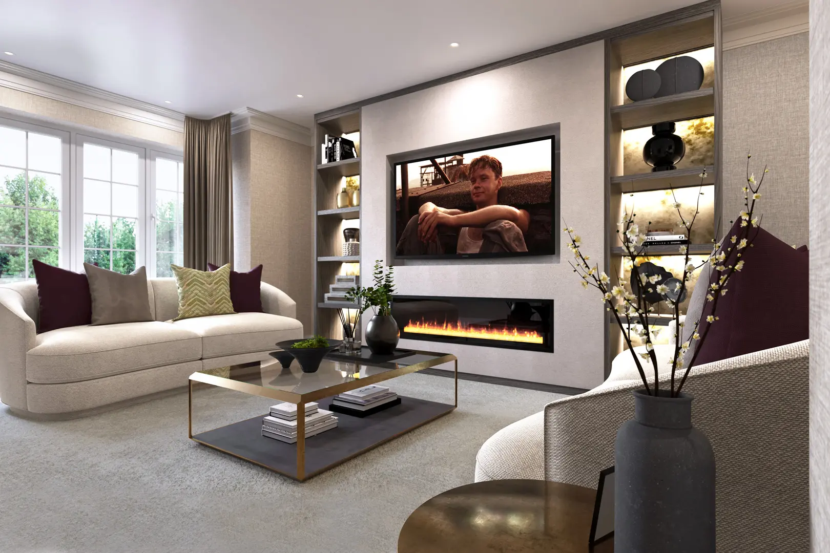 a living room with a tv and fireplace