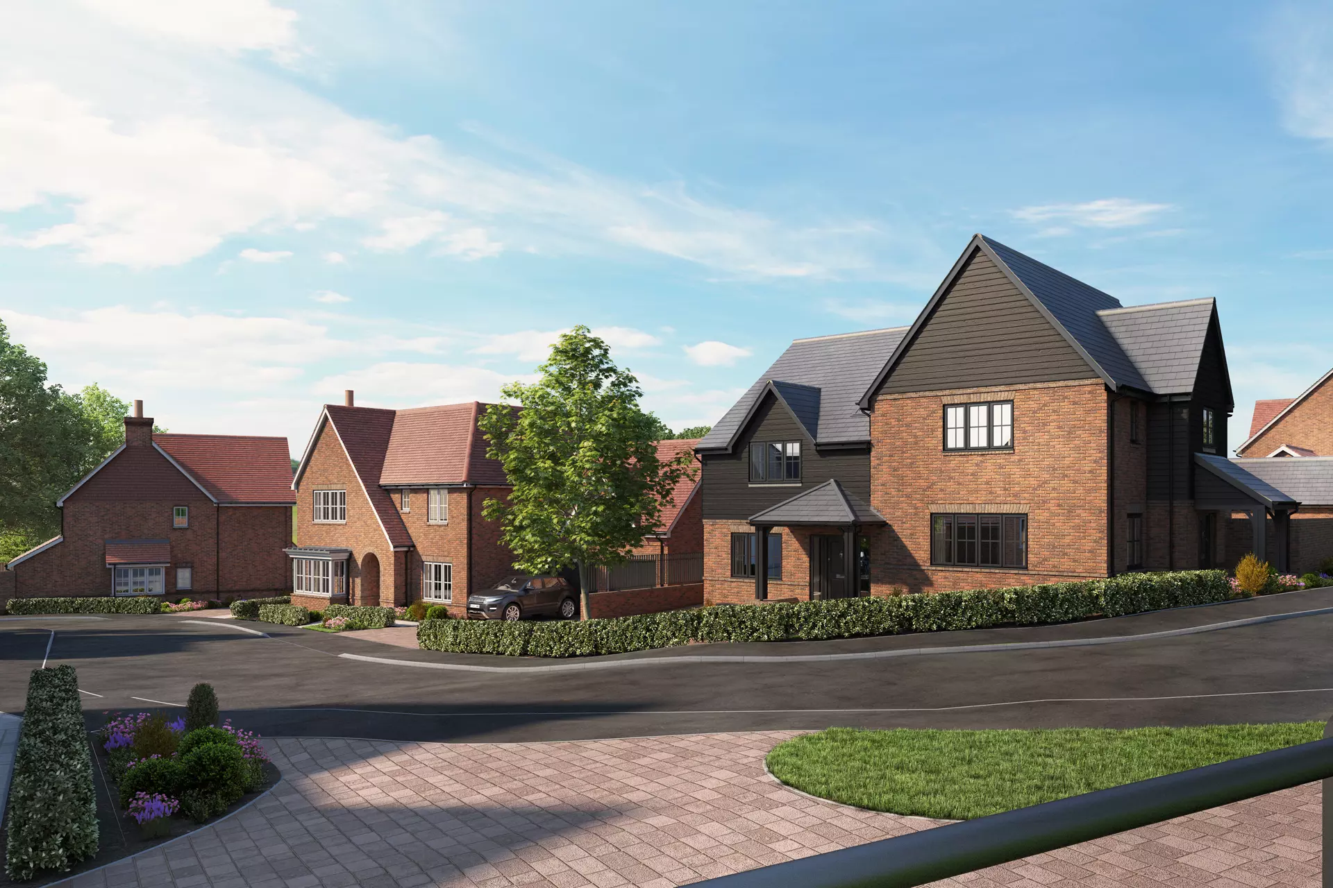 a row of houses with a street and trees