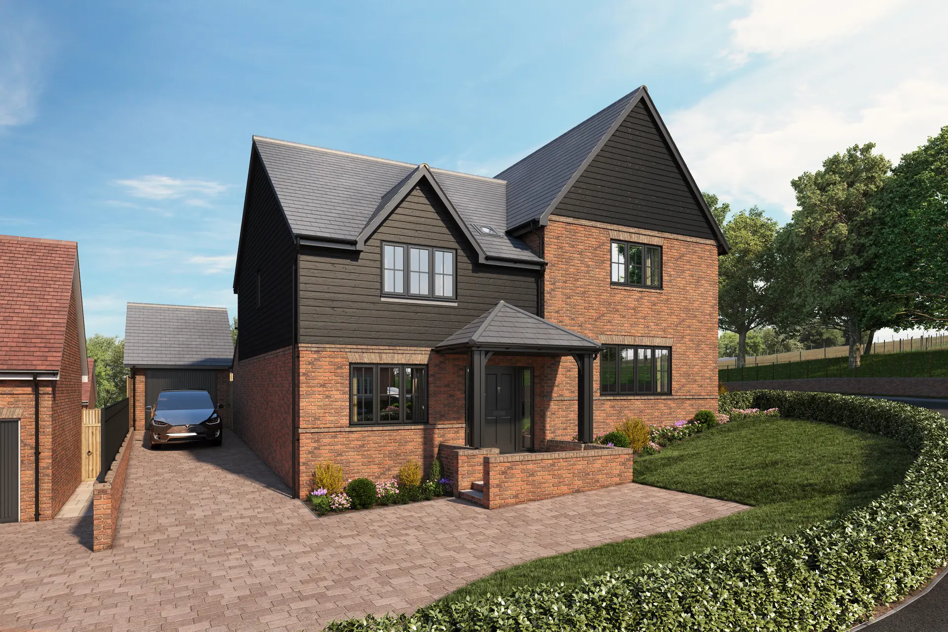 a house with a driveway and a car parked in front of it