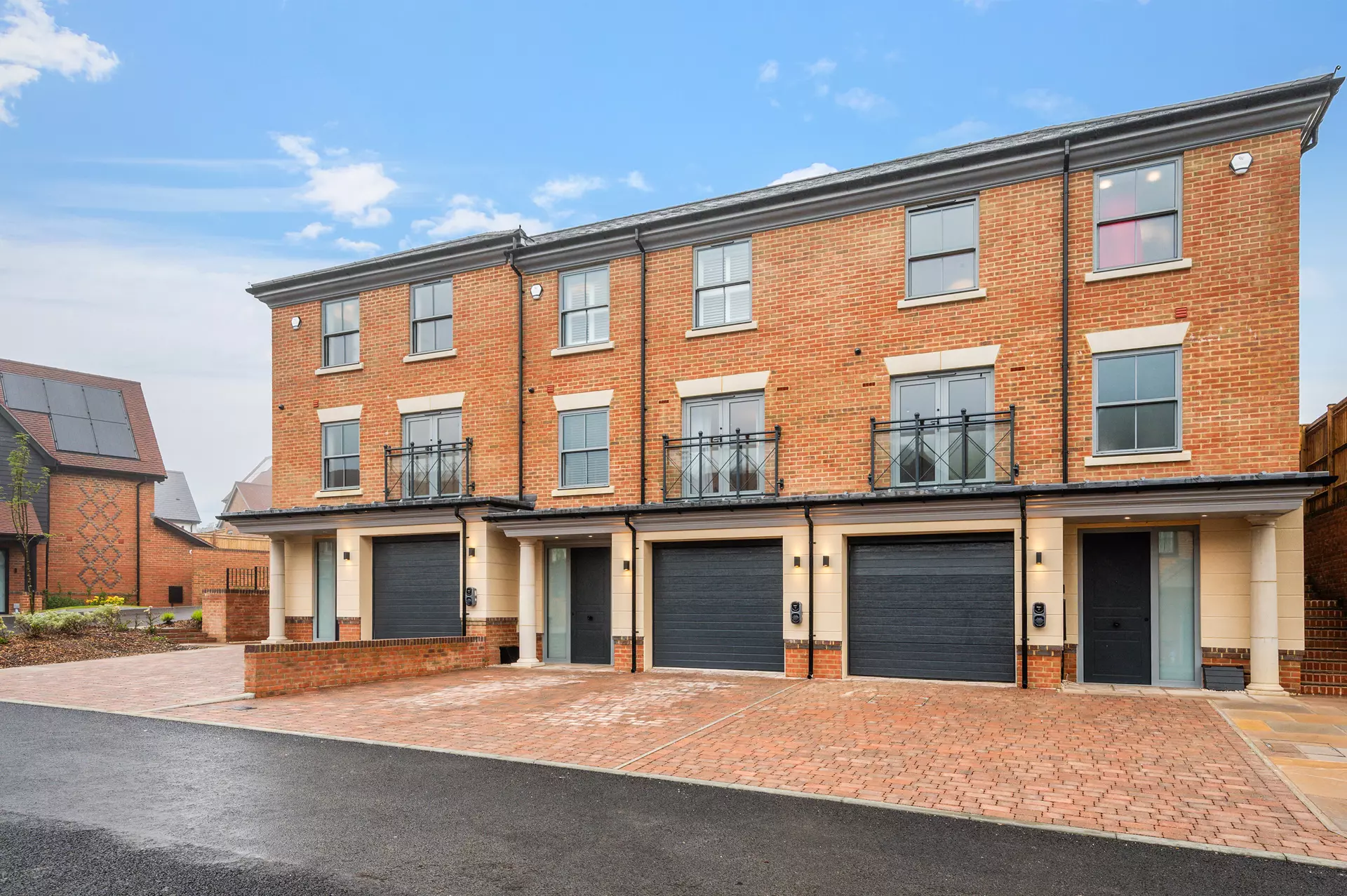 a brick building with garages