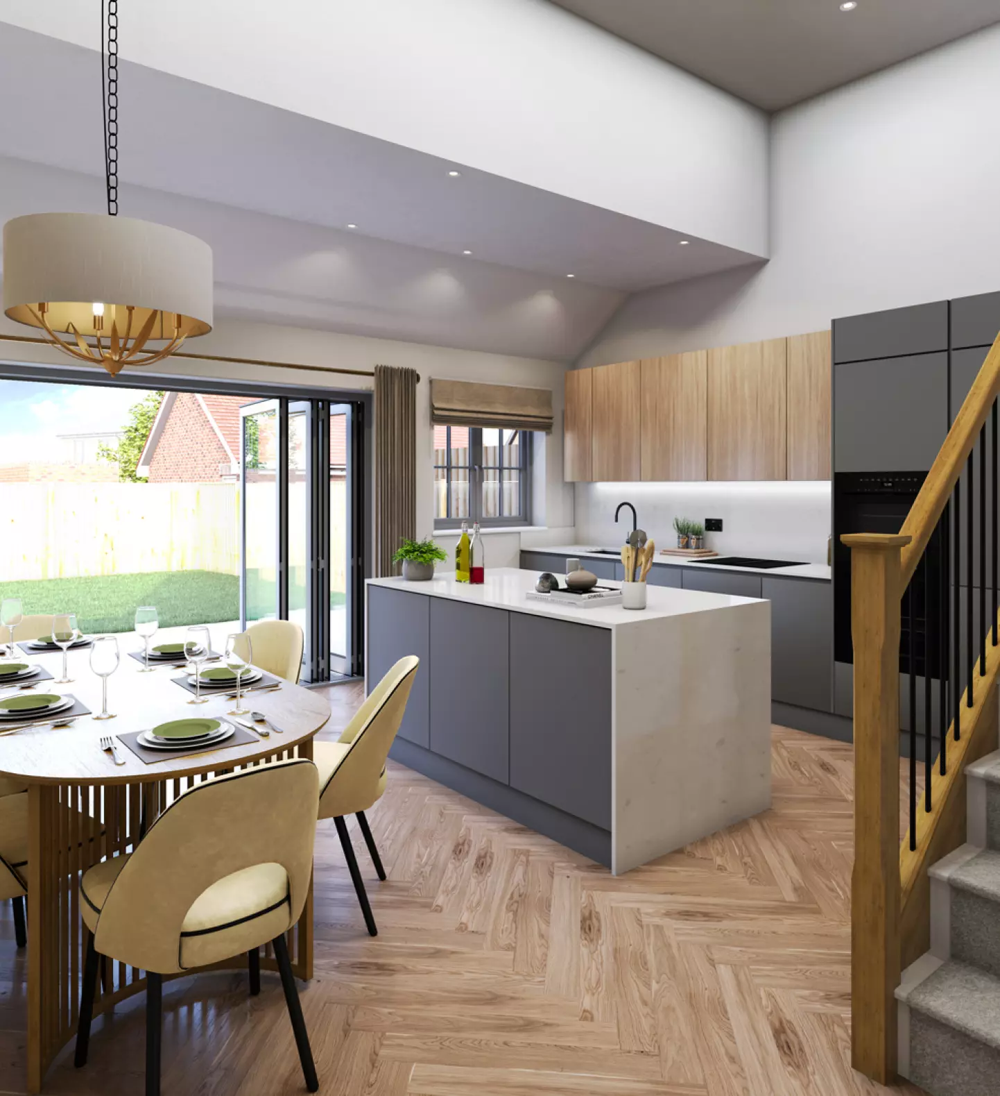 a kitchen and dining area with stairs