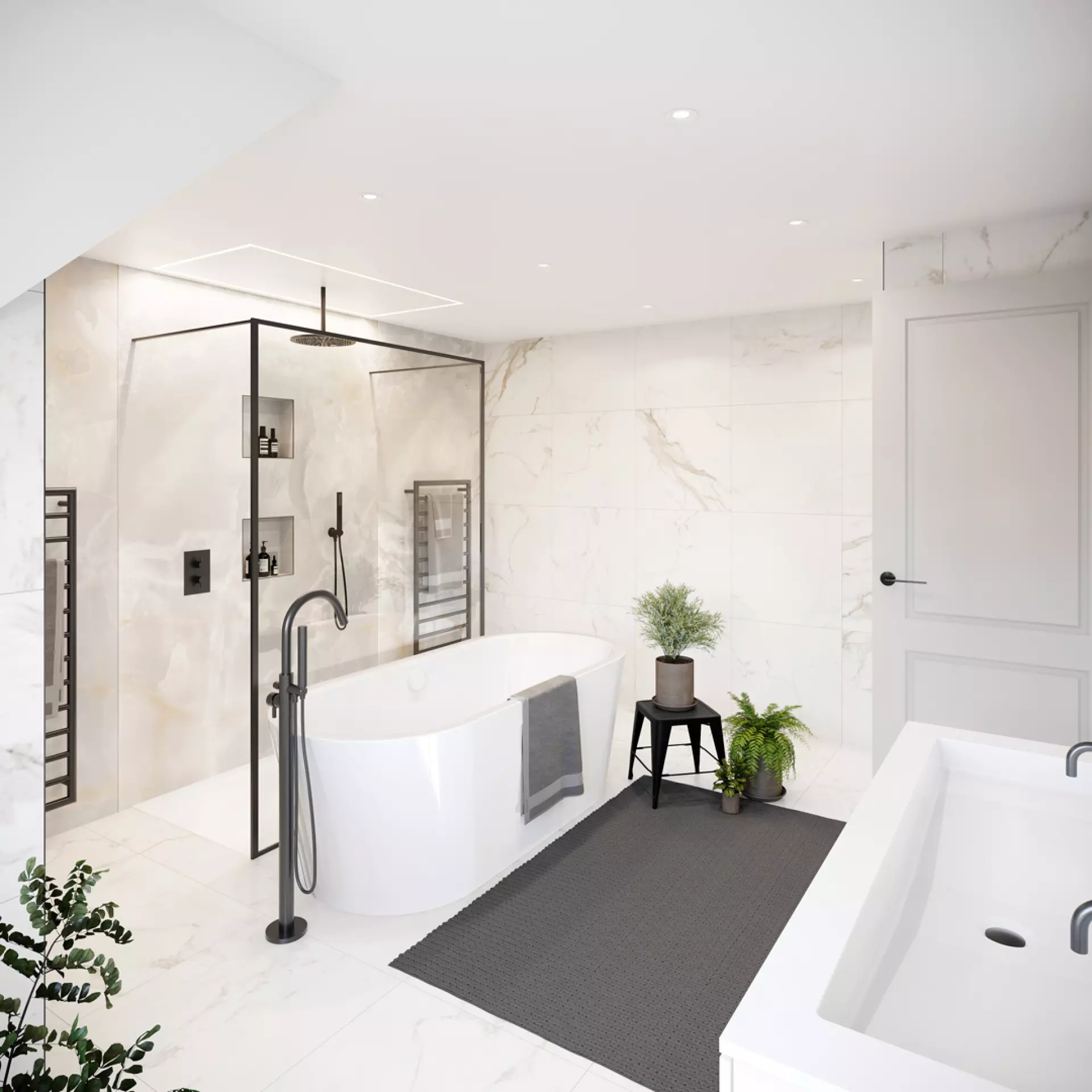 a bathroom with a tub and a shower