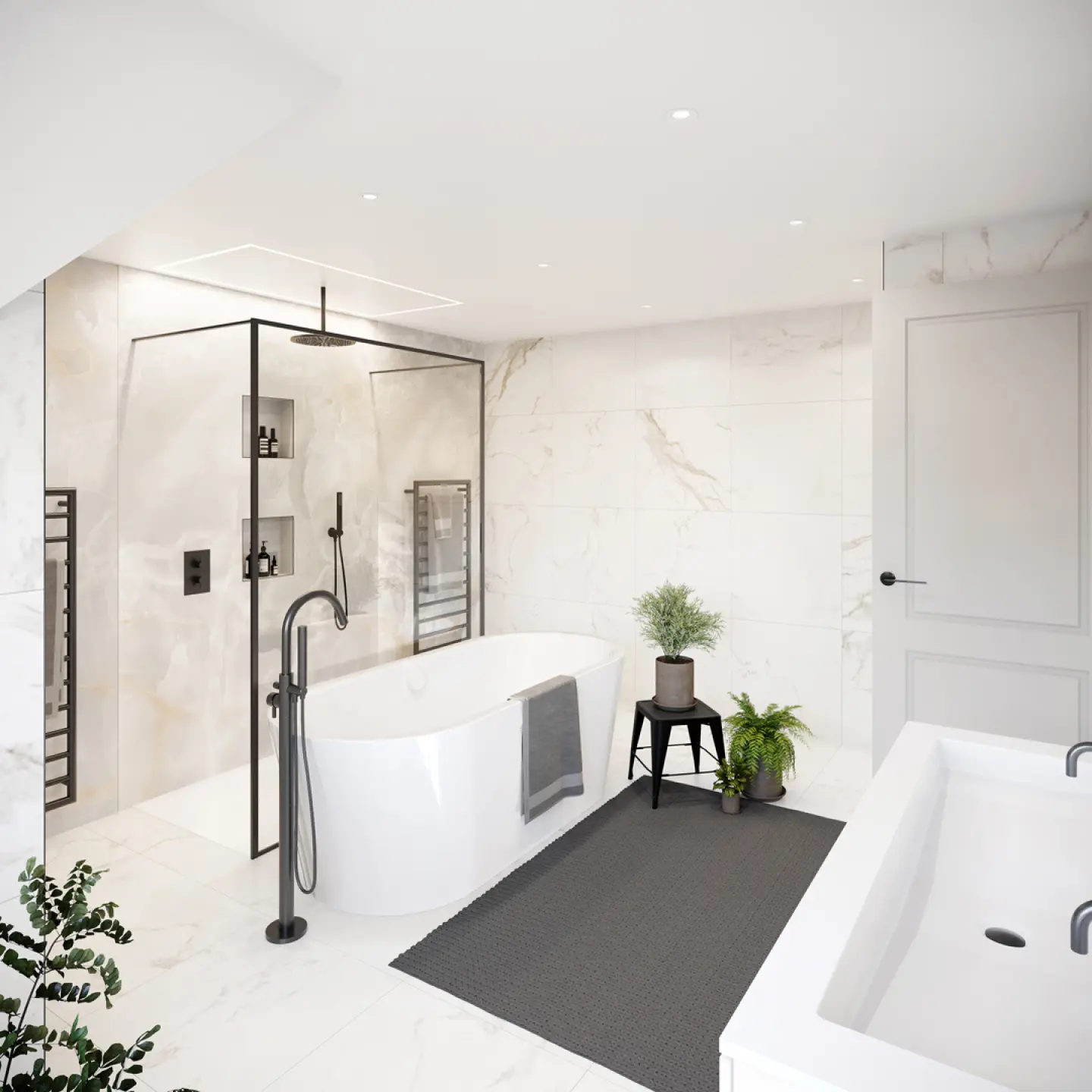 a bathroom with a tub and a shower
