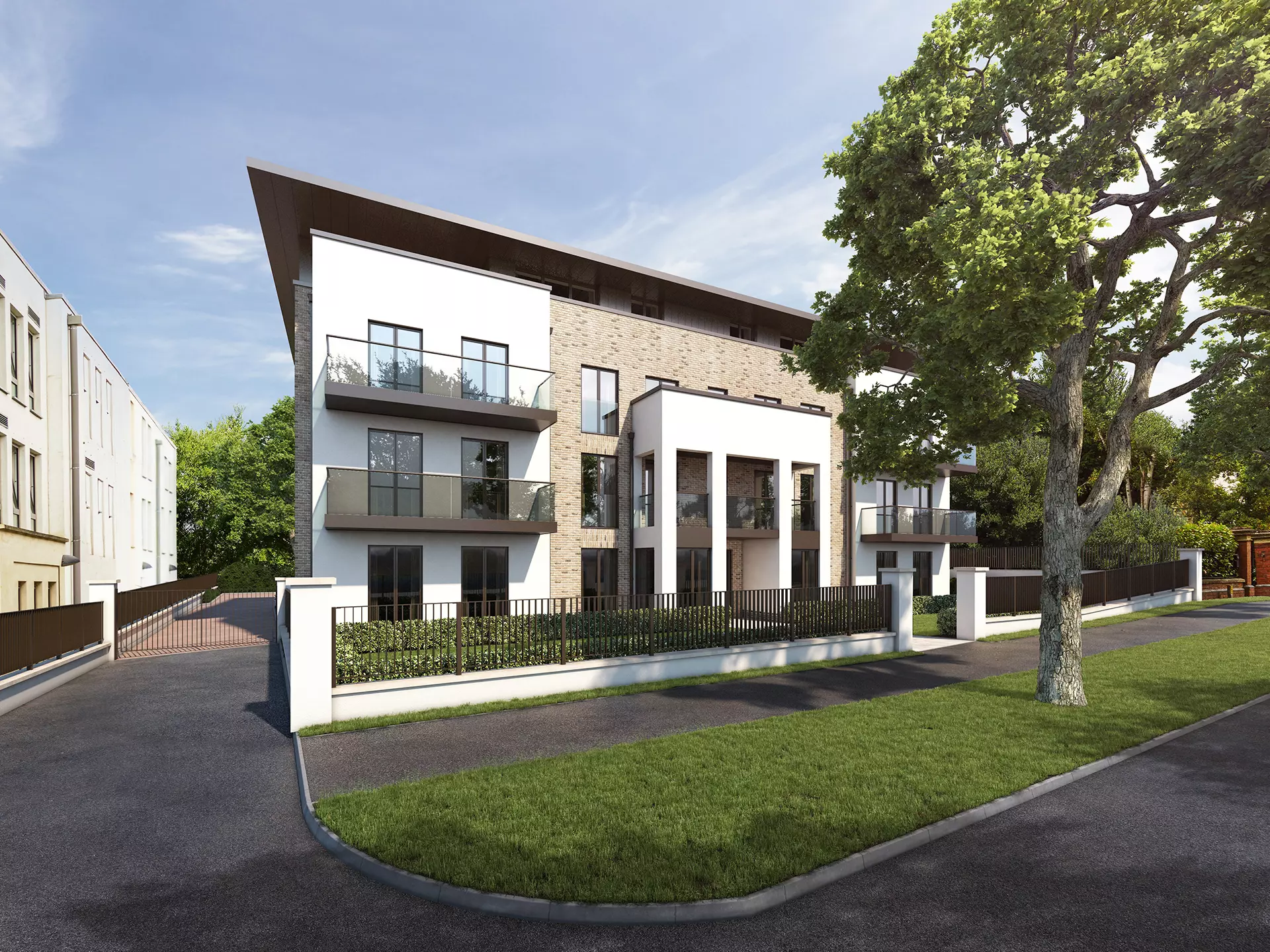 a building with trees and grass