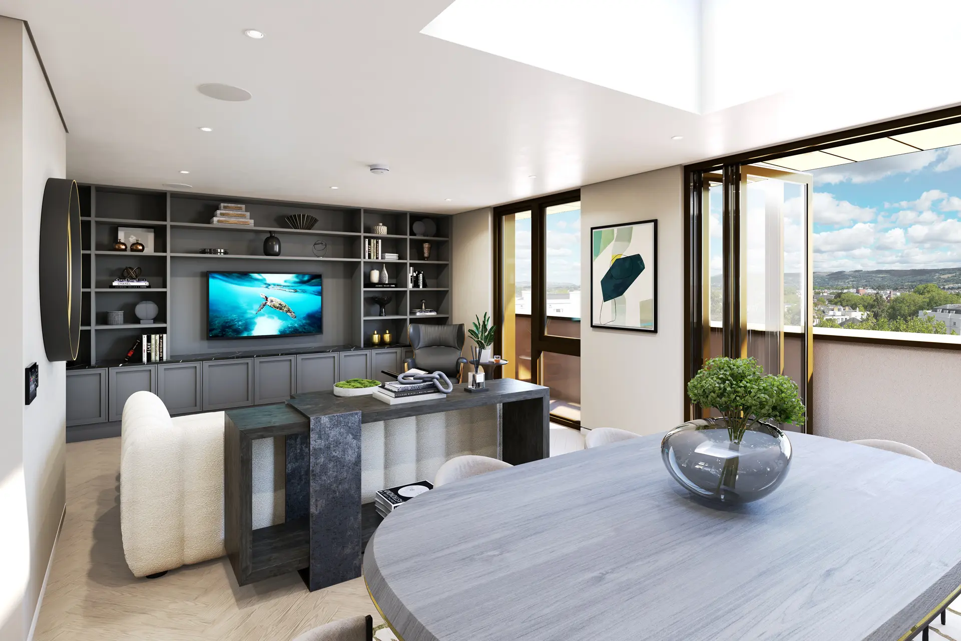 a room with a table and a tv