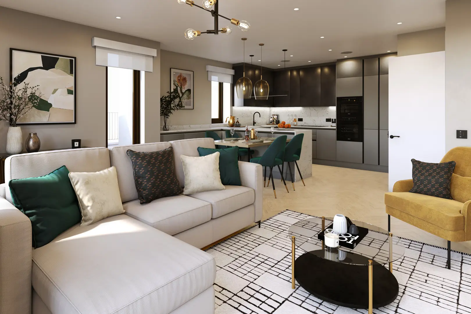 a living room with a couch and kitchen