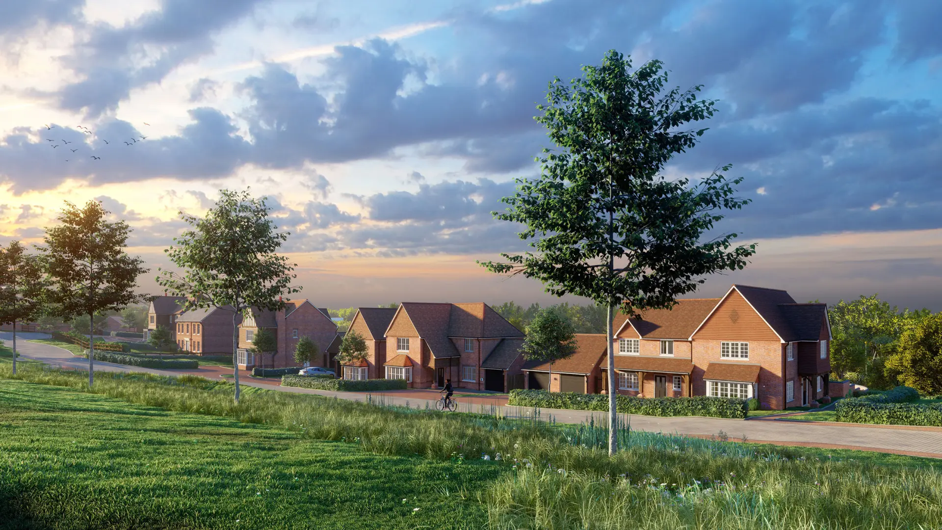 a row of houses with a bicycle in the middle of the road