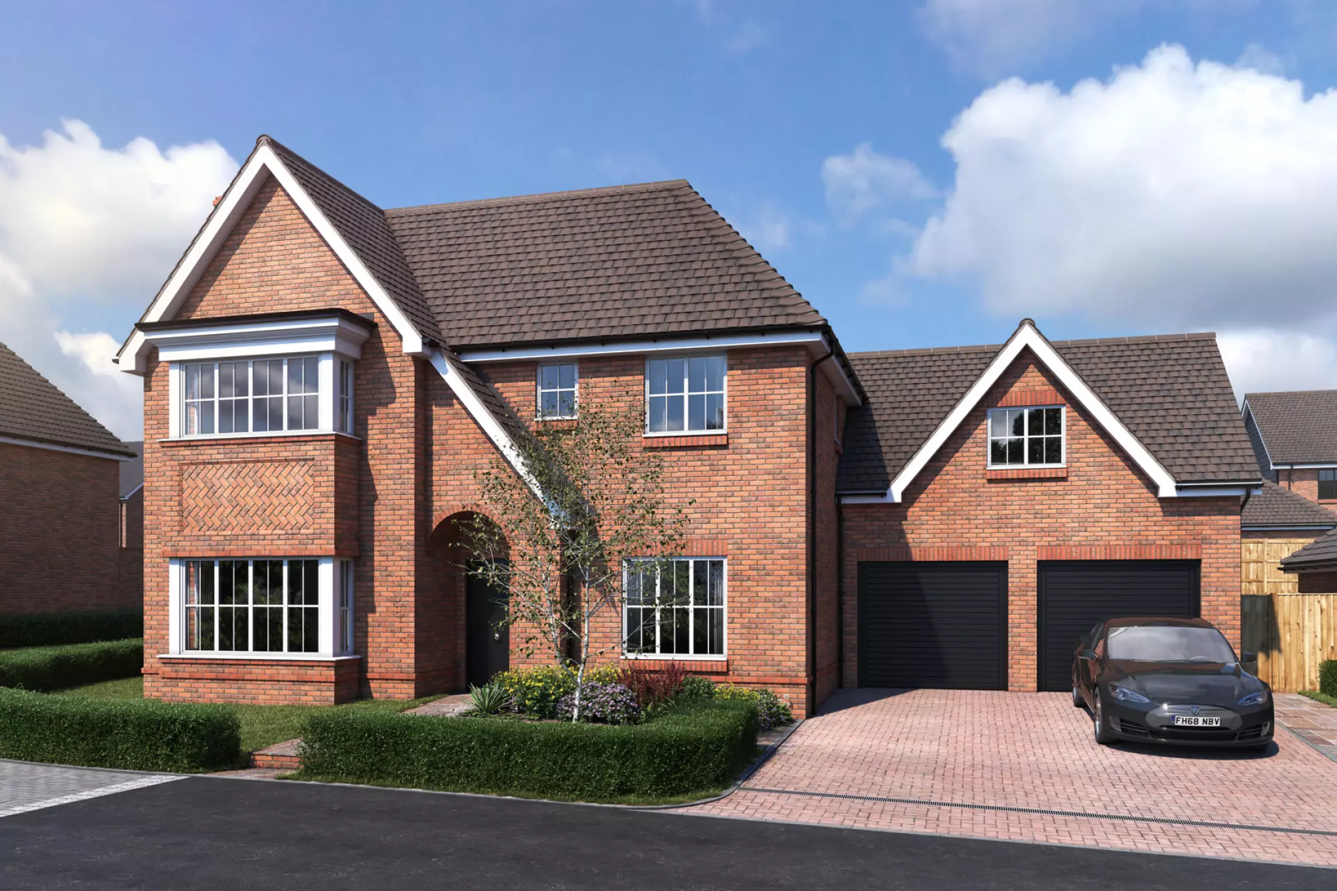 a brick house with a car parked in front of it