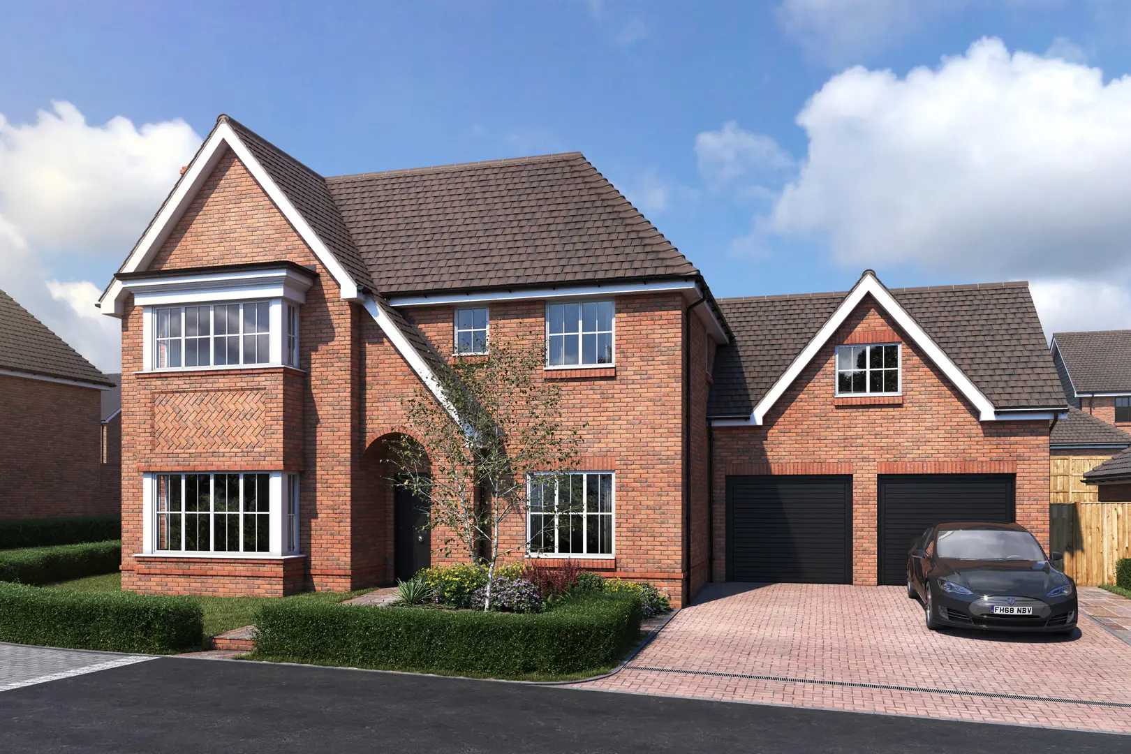 a brick house with a car parked in front of it